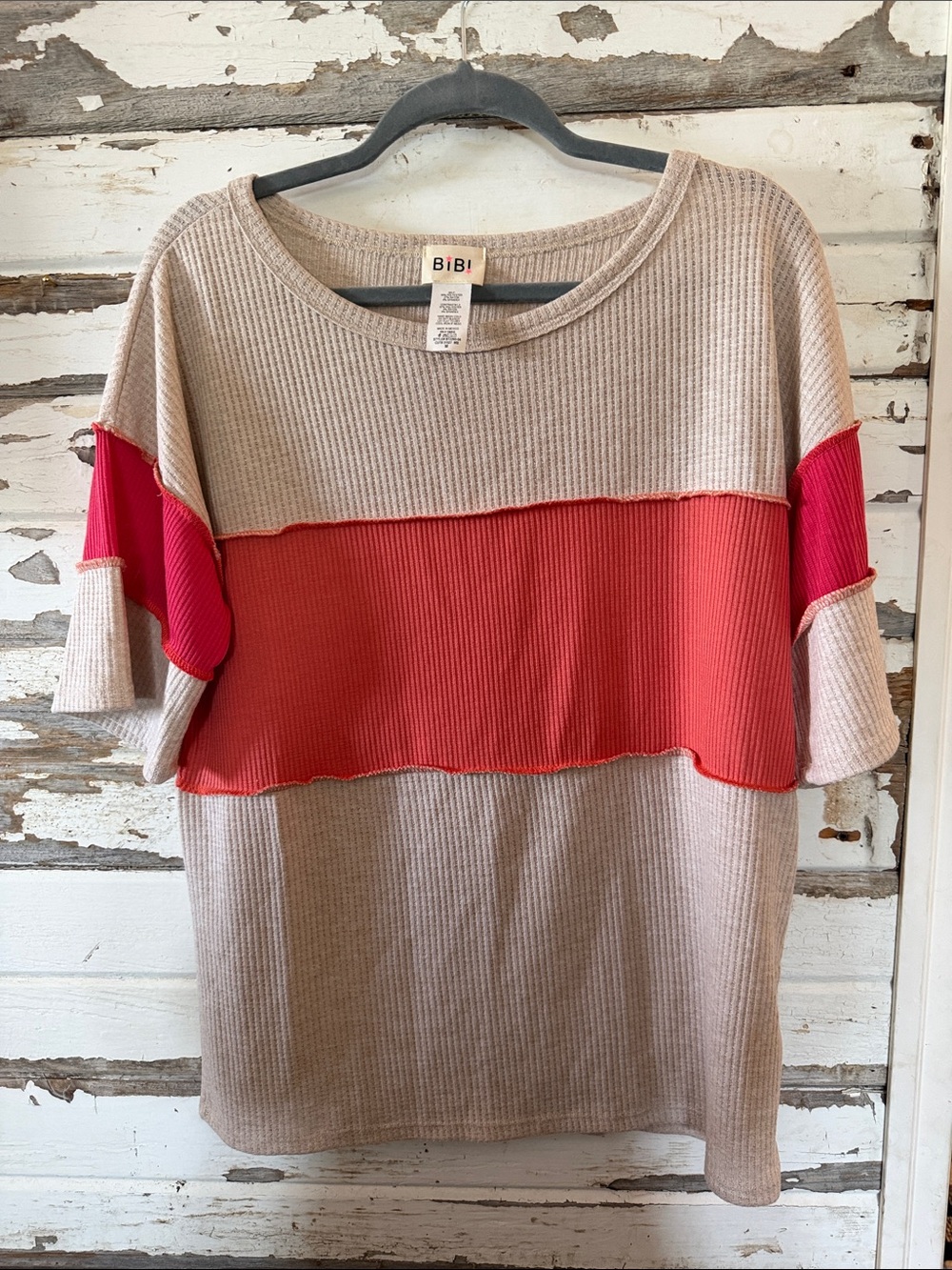 BiBi Taupe Top with Coral and Fuchsia Colorblock Panels